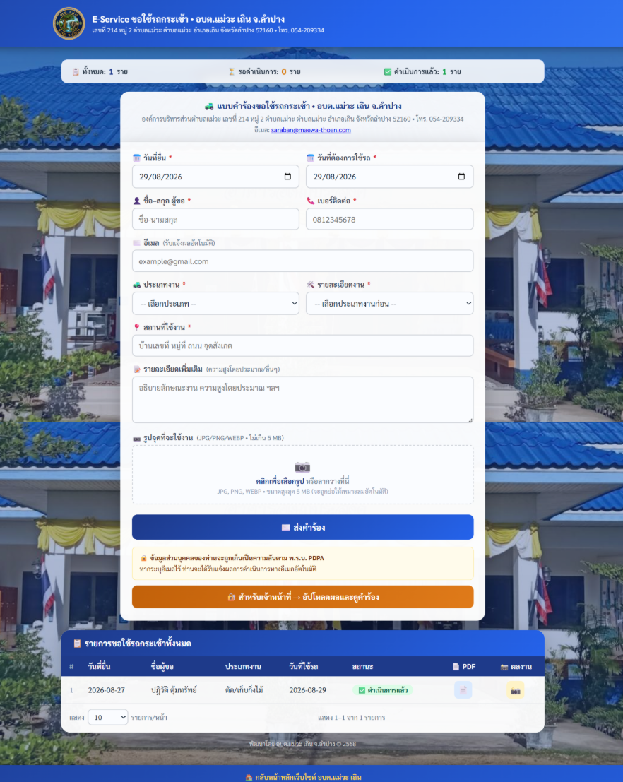 ภาพหน้าจอเมนู E-Service / ปุ่มเข้าสู่แบบฟอร์มรถกระเช้า